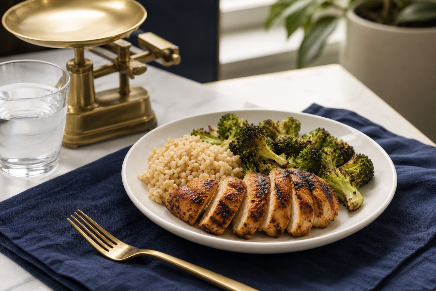 A white ceramic plate of grilled chicken, brown rice and roasted broccoli on a navy linen cloth, with a brass kitchen scale and a glass of water beside it in soft window light