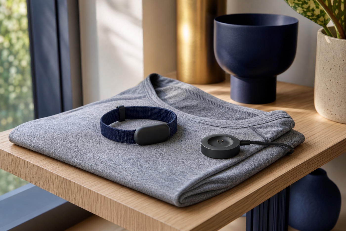 A slim fabric fitness band with a small pebble-shaped sensor rests on a folded gray running shirt beside a charging puck on a light oak shelf, lit by soft morning window light.