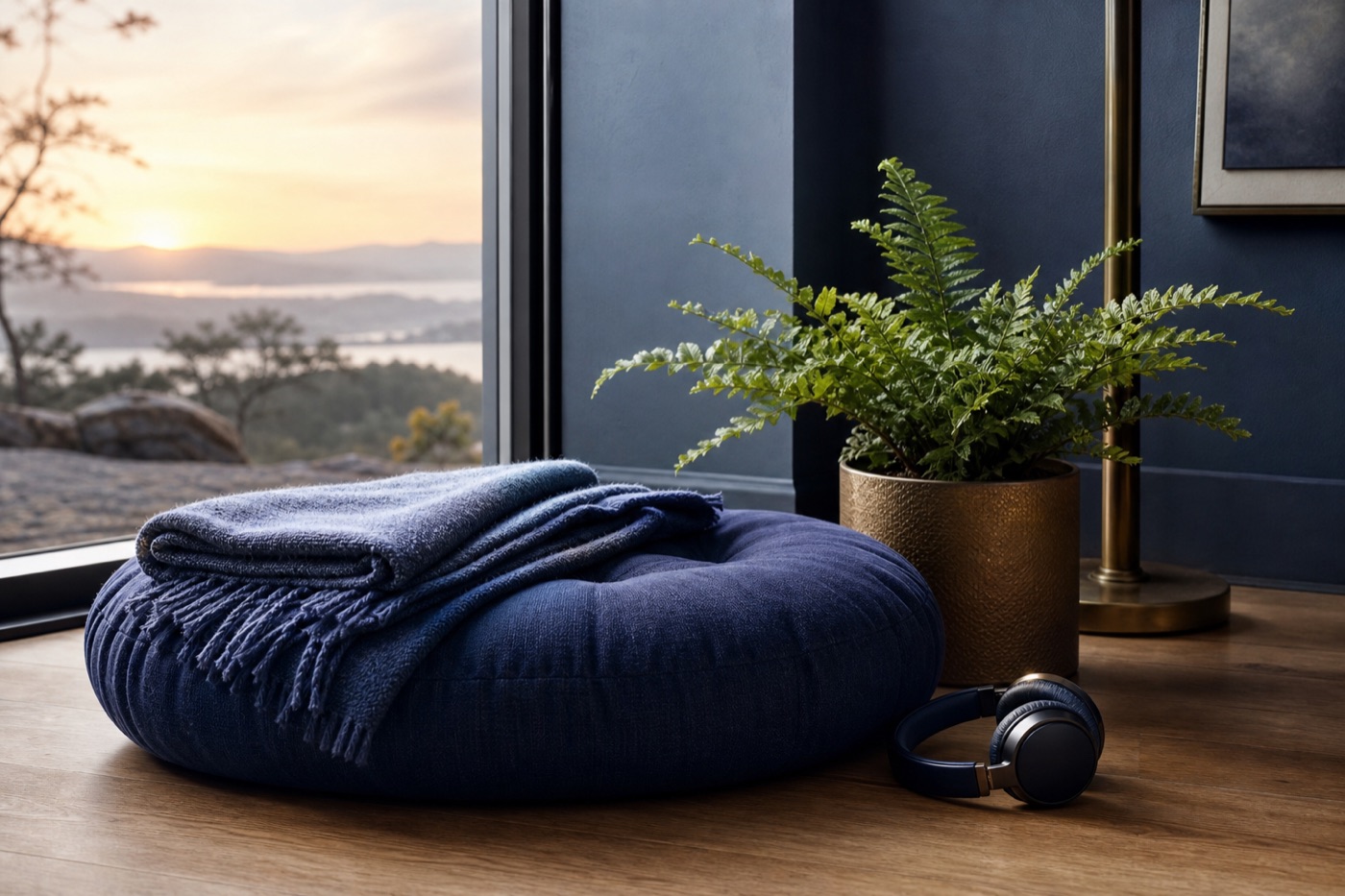 A round floor cushion on a wooden floor beside a window at dawn, with a folded wool blanket, a small potted fern and a pair of over-ear headphones resting nearby.