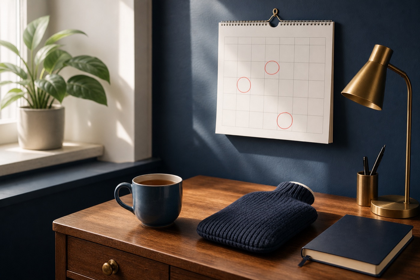 A paper wall calendar with a few days circled in red pencil hangs above a wooden desk holding a mug of tea, a hot water bottle and a closed notebook, in soft afternoon light.