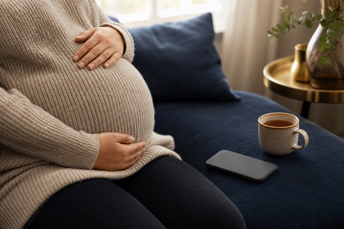 A pregnant person's hands resting on a knit sweater over their belly, a phone lying face down on a sofa cushion beside a mug of tea, soft afternoon window light.