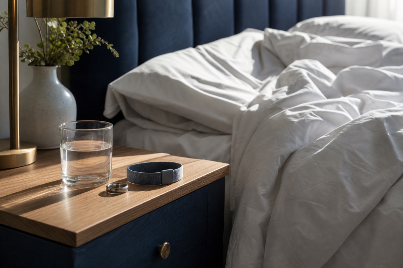 An unmade bed with a white duvet in early morning light, a slim metal ring and a soft fabric armband resting on a wooden nightstand beside a glass of water.